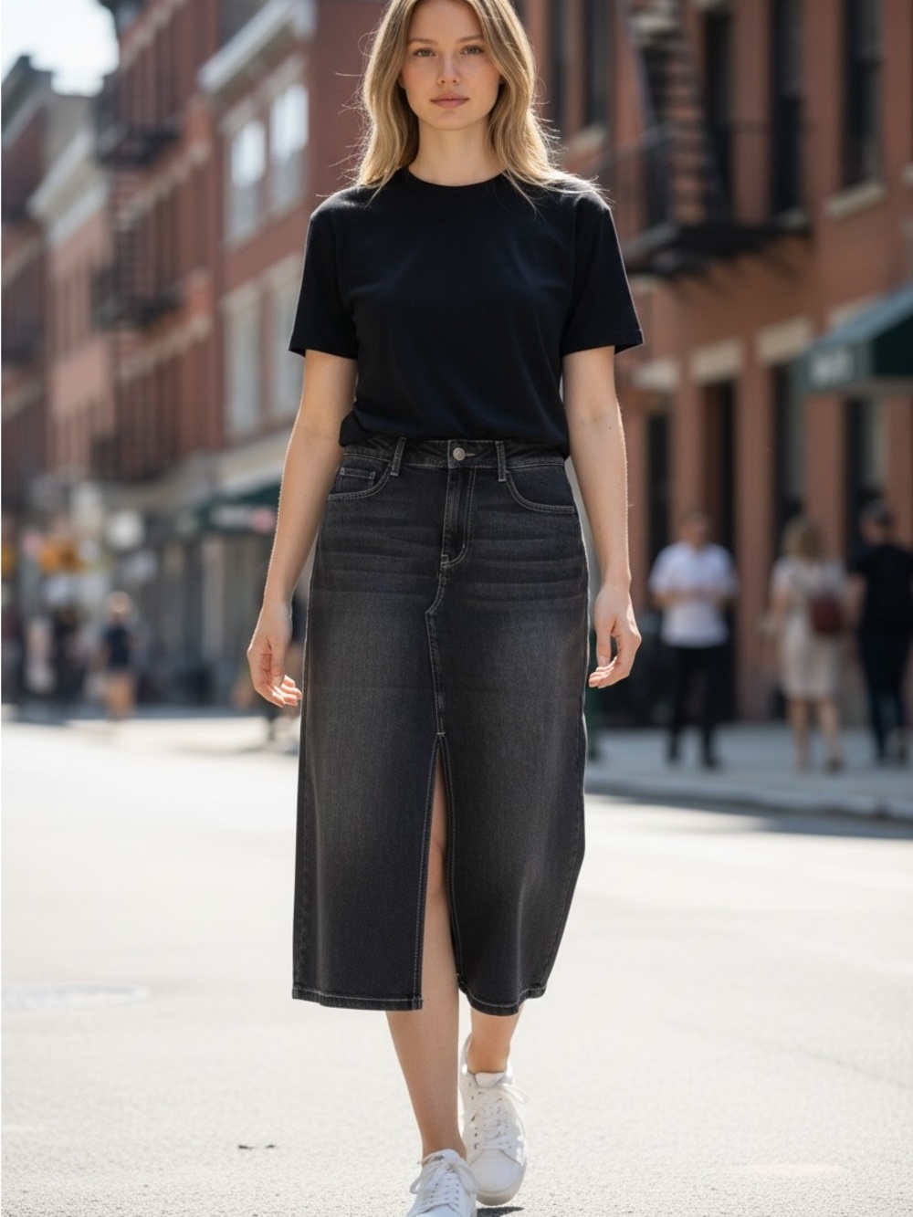 Halara Denim Midi Skirt L Regular Black Stretch Front Slit NWT